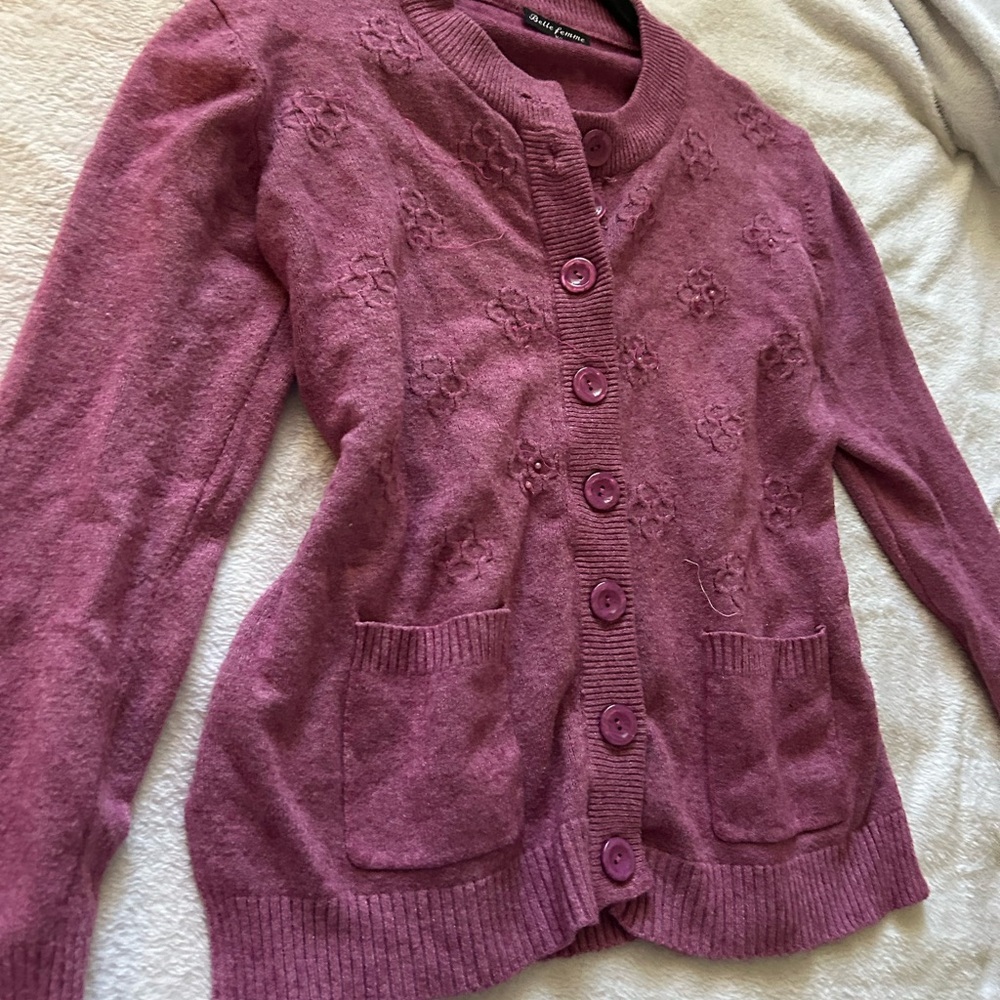 Belle‎ Femme Women’s Wool Cashmere Blend Mauve Cardigan Large Grandma Cozy - Picture 2 of 16